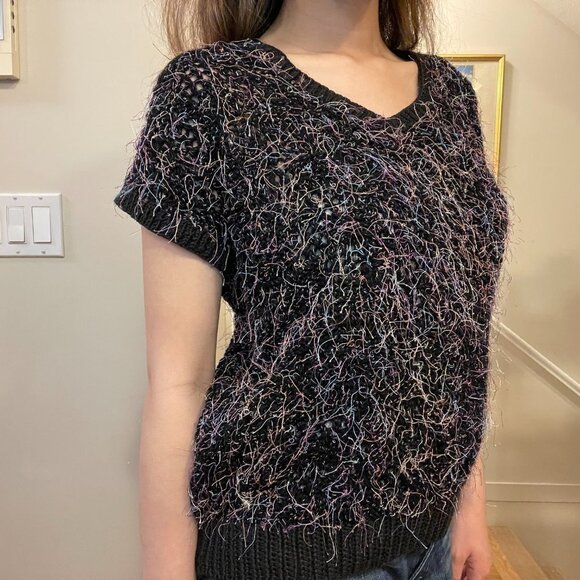 Vintage Handknit Black Rainbow Confetti Crochet Sweater Tee - Picture 7 of 12